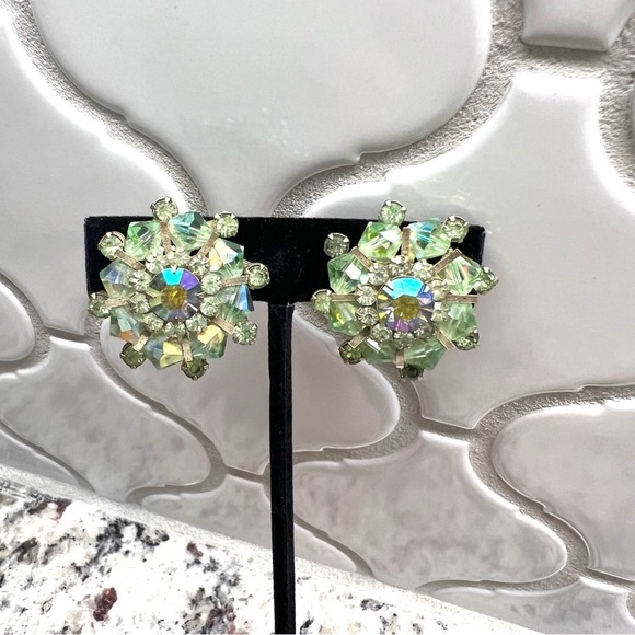 Vintage (1950’s) Green Aurora Borealis Clip Earrings - Picture 1 of 4